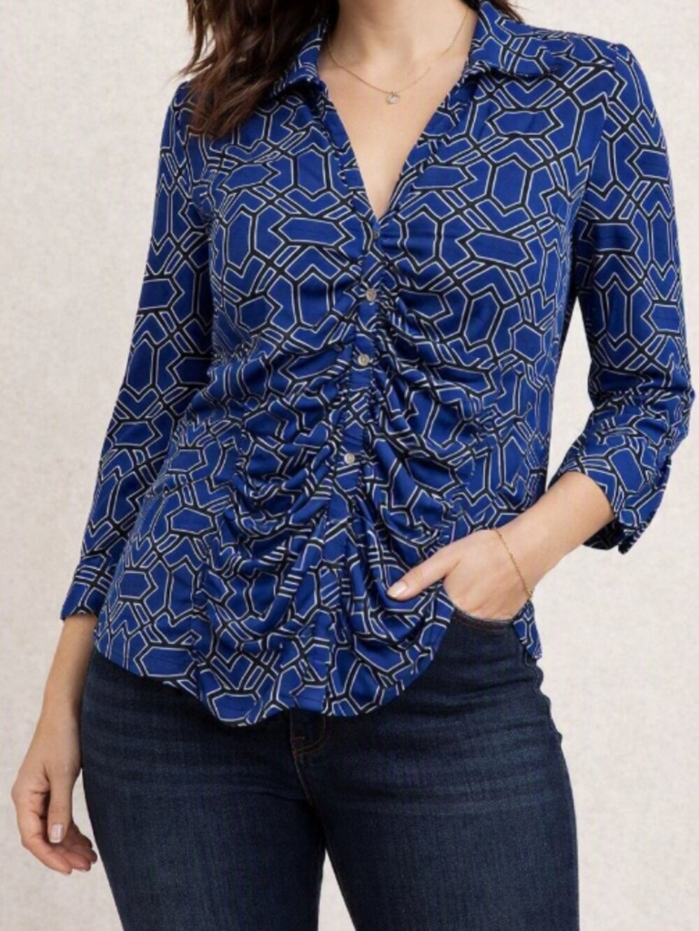 INC Ruched Button-Front Blouse Top Shirt XL Workwear Office Blue Retro Geometric